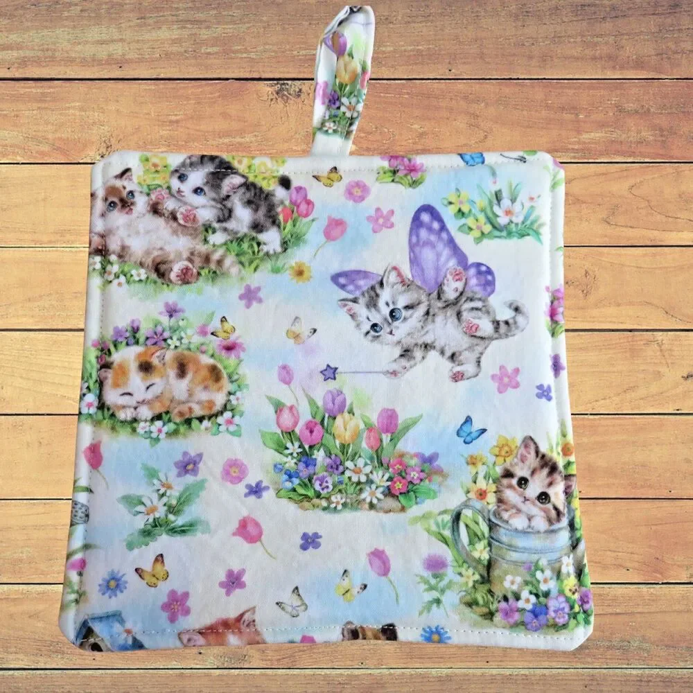 Handmade Potholder, Kittens and Flowers